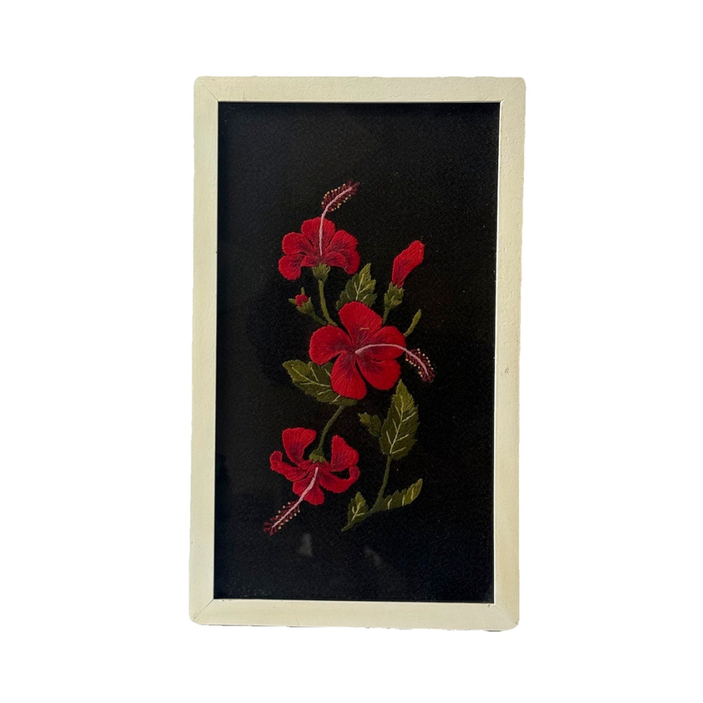 Vintage Floral Needlepoint/ Embroidery Picture, White Frame, MCM Wall Art